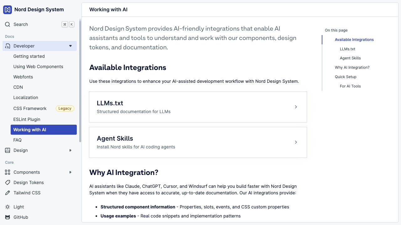 Nord Design System's Working with AI documentation, showing the LLMs.txt and Agent Skills integrations.
